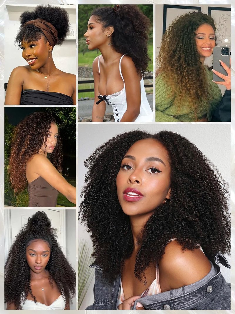 NOSTALGIA Kinky Curly Half Wig 16 Inch Curly 3 In 1 Half Wigs for Women Drawstring Seamless Flip Headband Wig Beginner Friendly Glueless Synthetic With Natural Density (Jet Black 1B)