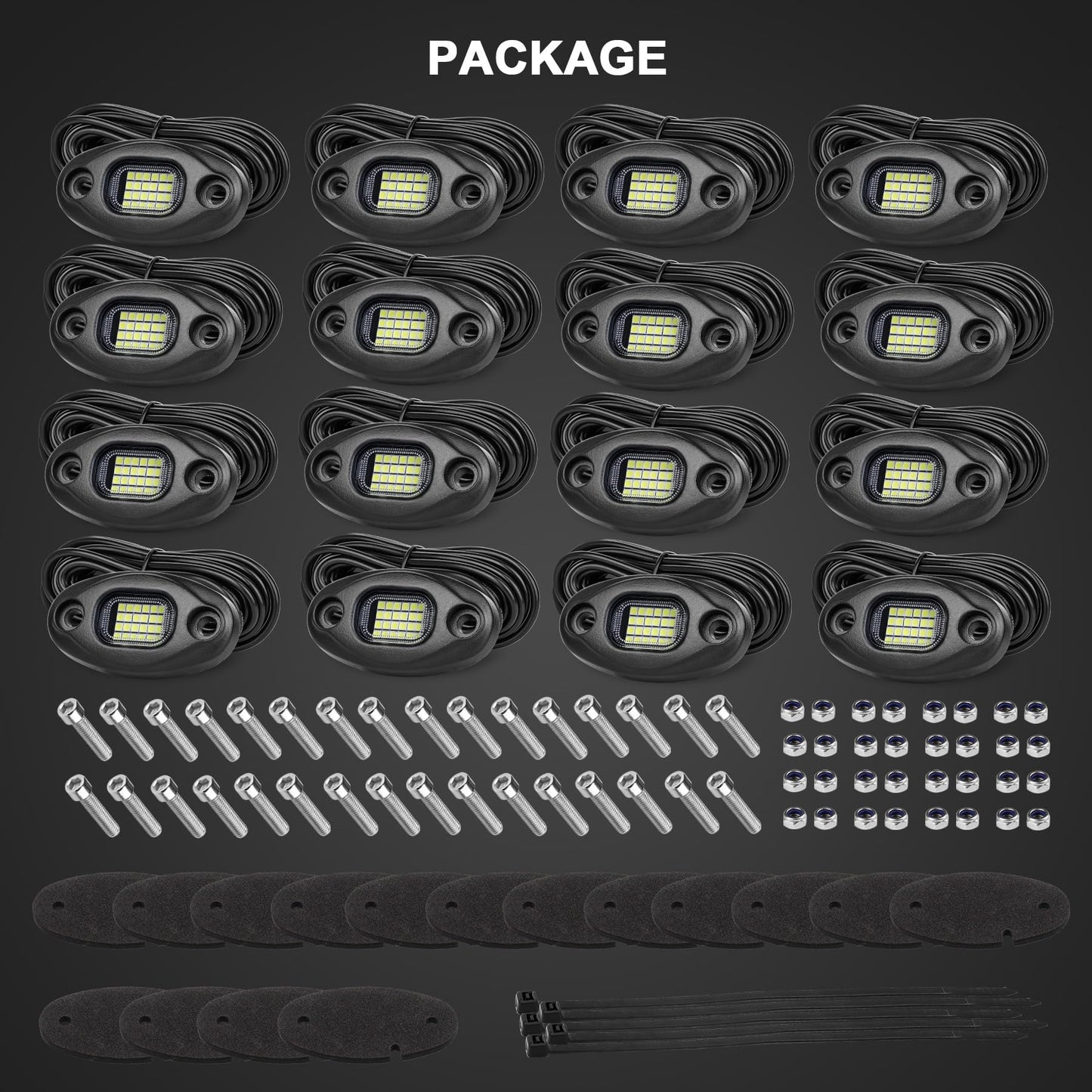 Rock Lights for Trucks-24Chip High Power 6000k Pure White, 15FT Cable Each Light, Aluminum Case, Waterproof IP68 Underglow Lights for Cars Jeep UTV ATV(16 PCS)
