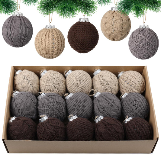 15-Pack Neutral Christmas Ornaments Crochet Christmas Balls - Handmade Style Yarn Ornaments,3.15 inch Knitted Cotton Baubles for Rustic Farmhouse Holiday Xmas Gift Decor (Grey Scheme)