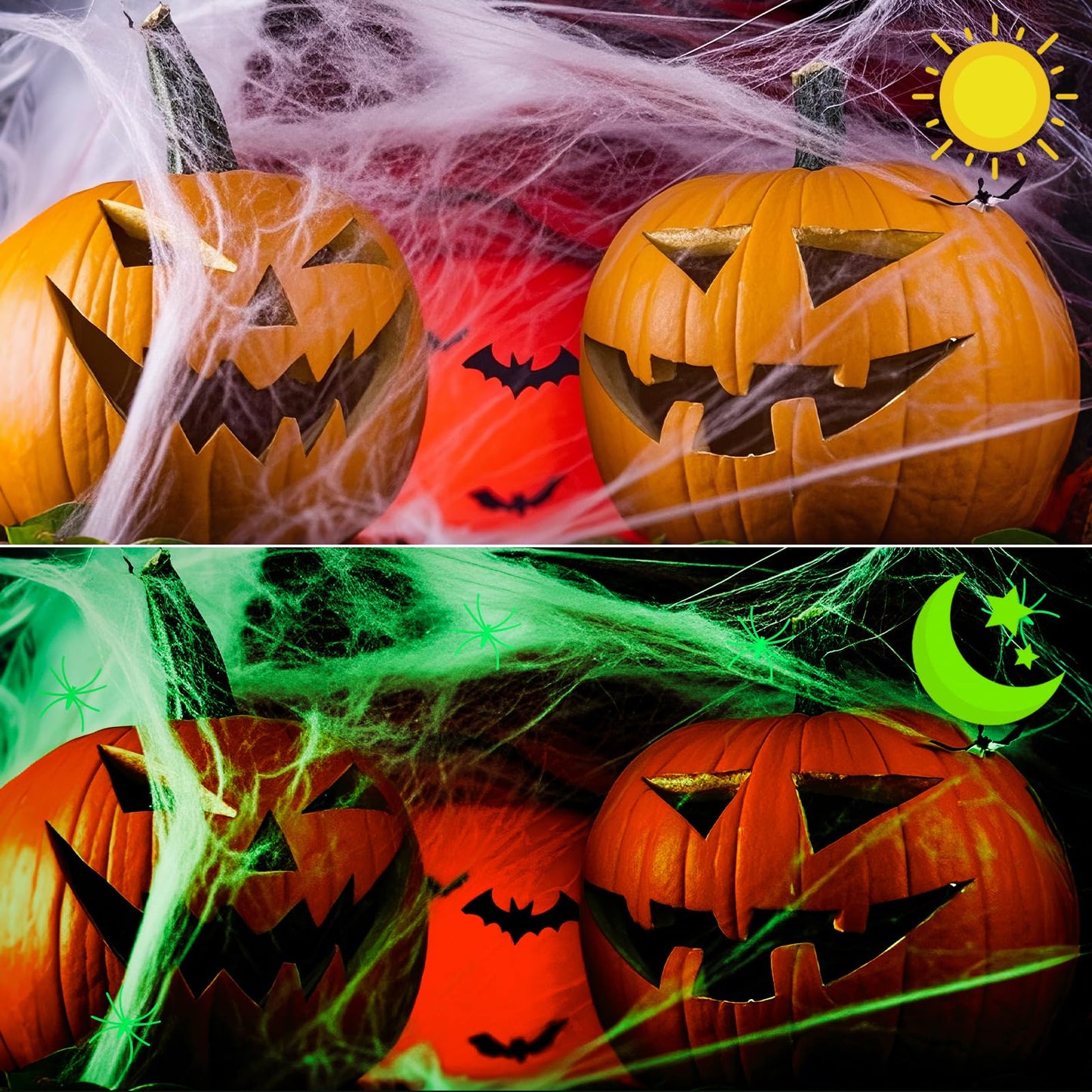 DERAYEE Halloween Glow in The Dark Spider Web Decorations, 700sqft Super Stretch Fake Cobwebs with 50 Plastic Spiders for Halloween Party Indoor Outdoor Supplies (200g)