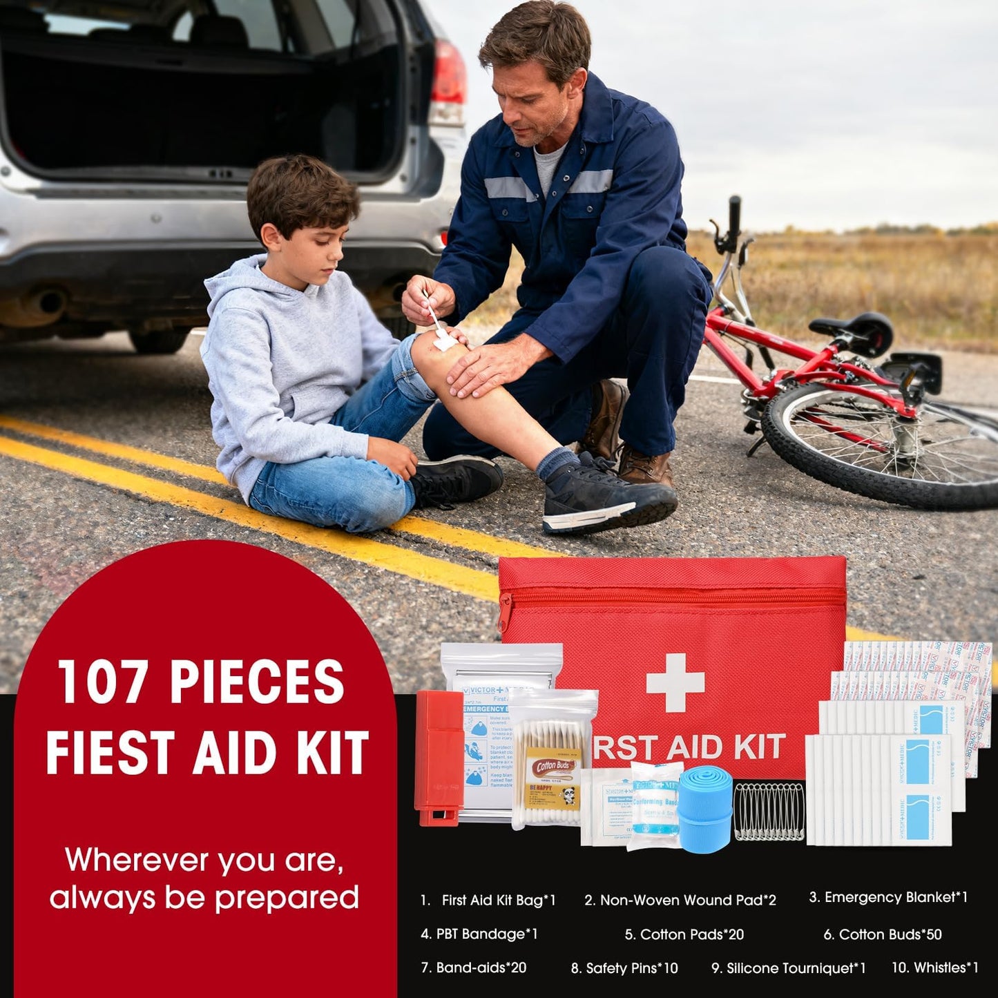 VEIYIE Roadside car Emergency kit, 12PCS Emergency Car Kits for Vehicles with Jumper Cables, Portable Air Compressor, Tow Strap, Survival kit, Emergency Supplies for Women,Man, New Driver Gifts