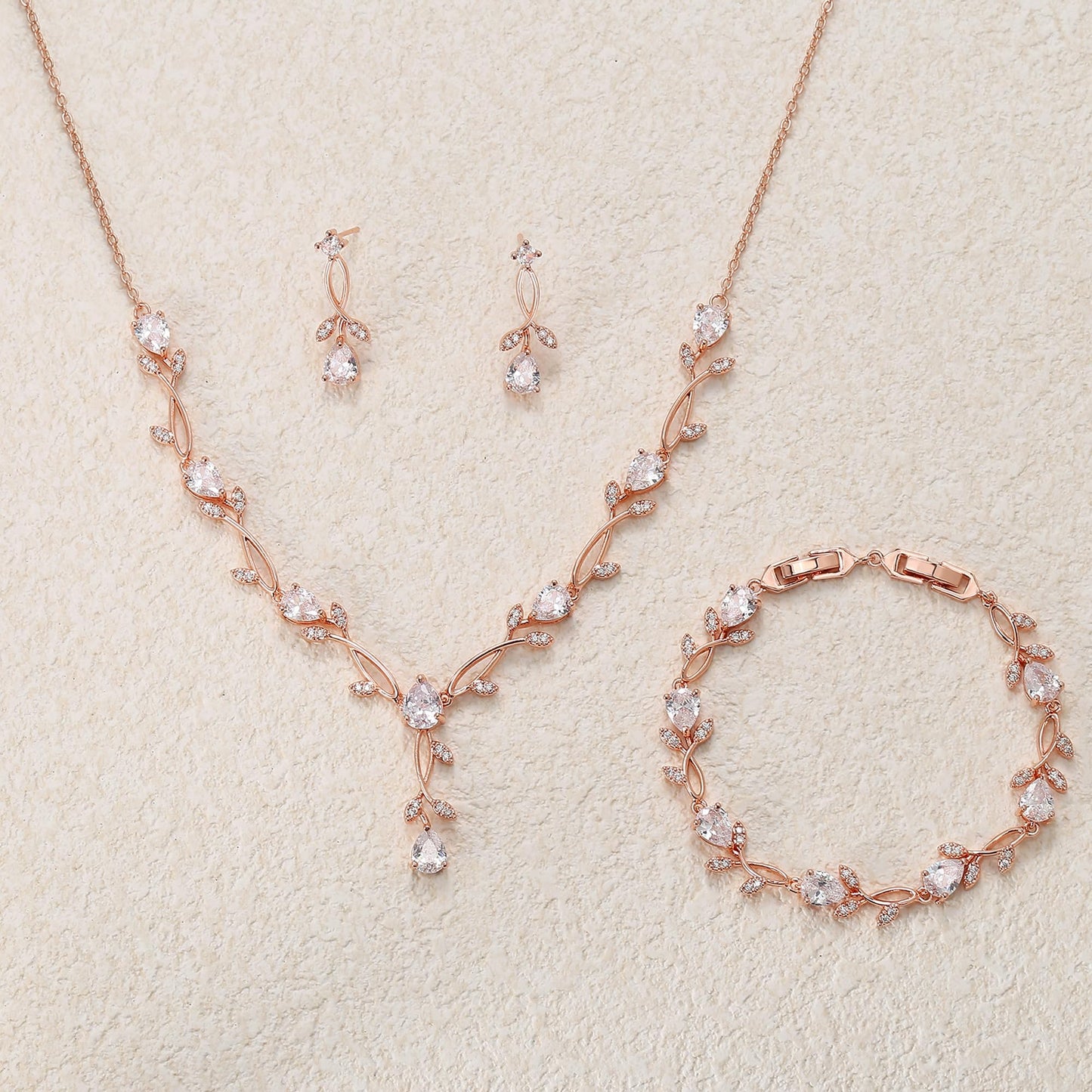 EVER FAITH Wedding Jewelry Set for Bride Bridesmaid, Rose Gold-Plated-Brass White Teardrop Cubic Zirconia Leaf Vine Bridal Prom Necklace Dangle Earrings Bracelet Sets for Women