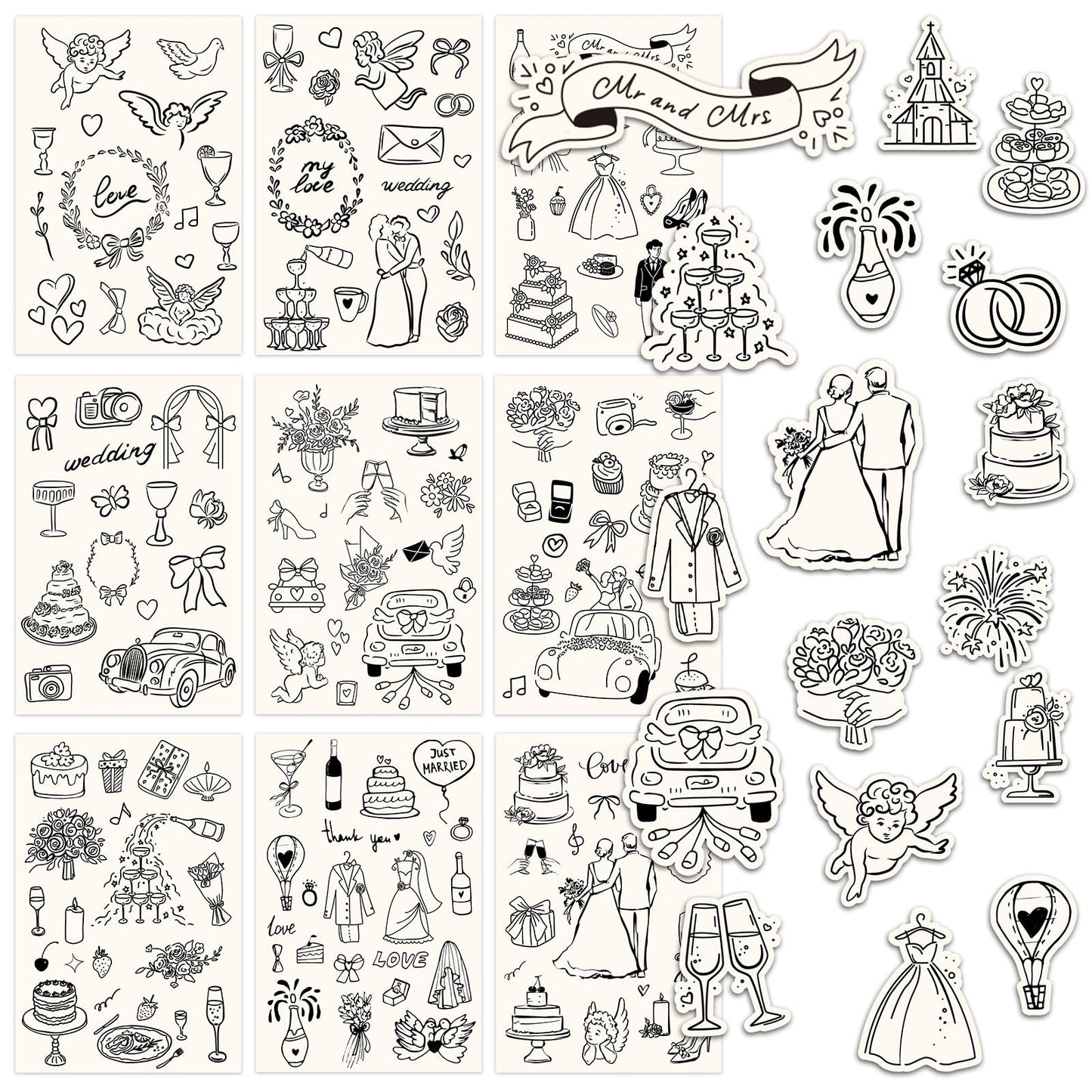 Whaline 294Pcs Wedding Stickers Seal Decals Black Beige Groom and Bride Cupid Flower Adhesive Labels for Wedding Bridal Shower Party Favor Supplies, 18 Sheets