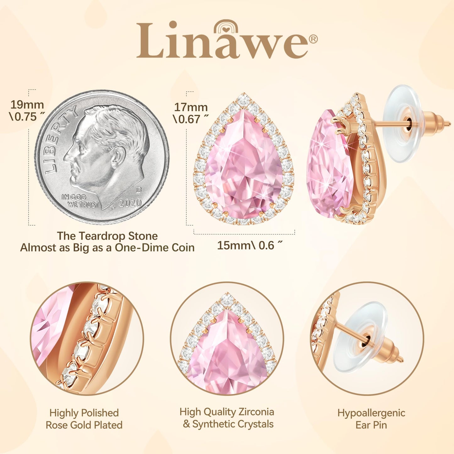 Linawe Pink Earrings Studs for Women, Imitation Diamond Morganite Teardrop Cartilage Earring Set, Stud Earrings Rose Gold Iridescent Rhinestone Crystal Hypoallergenic Jewelry