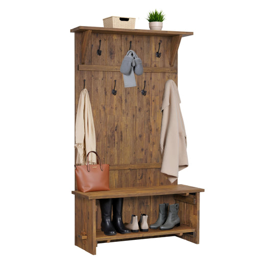 Alaterre Furniture Bethel Hall Tree with Bench – Rustic 70-Inch Entryway Organizer with 7 Metal Double Coat Hooks, Solid Wood Bench and Storage Shelves for Mudroom or Hallway (Natural Aged Brown)