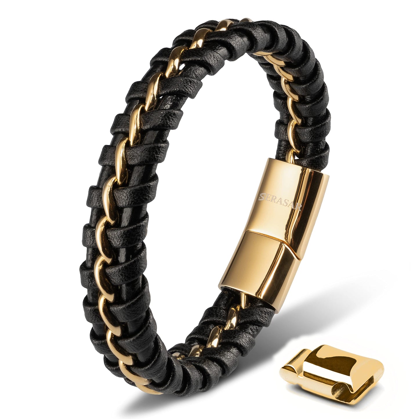 SERASAR Leather Wristbands for Men 23cm Gold Bracelet Gift Box Genuine Cowhide Braided Adjust Able Magnetic Clasp Multi Layer Wrap Rope Mens Bracelets Band Jewelry Magnet Accessories