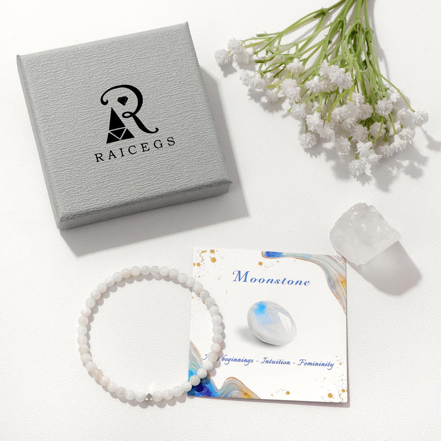 Raicegs 4MM Moonstone Beaded Bracelets Healing Crystal Bracelet for Women Men Natural Stone Handmade Stretch Bracelet Reiki Spiritual Jewelry