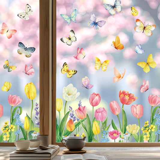 9 Sheets Spring Summer Window Clings for Windows Glass, Colorful Flower Butterfly Window Stickers, Tulip Floral Window Decor, Double-Sided Static Cling Decals for Home Office Store Glass Decor