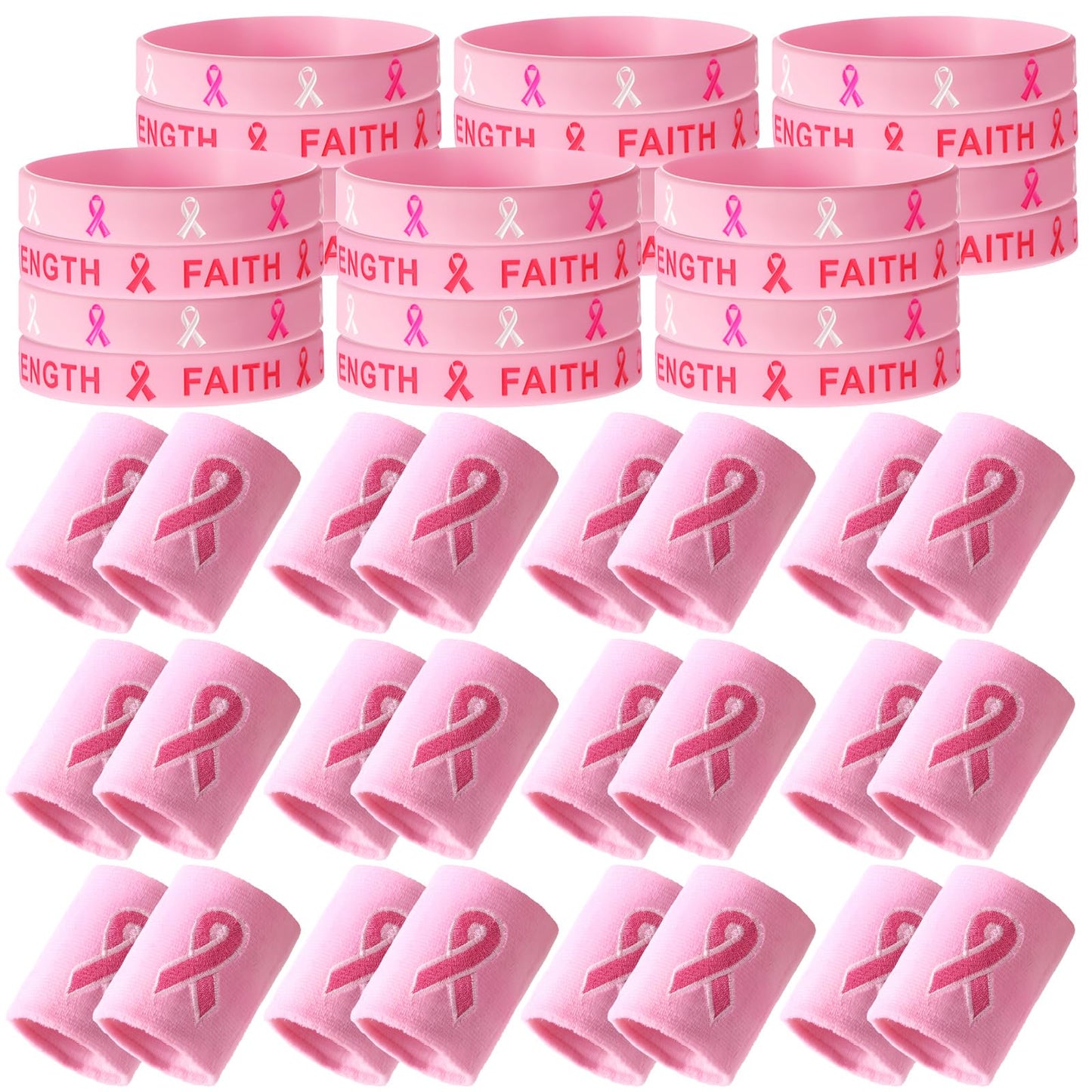 Wettarn 48 Pcs Breast Cancer Awareness Wristbands Silicone Pink Ribbon Cuffs Bulk Wrist Bands Football Inspiring Pink Sweatbands Awareness Gifts for Women Gym Athletic Sports Athletic Party Favors