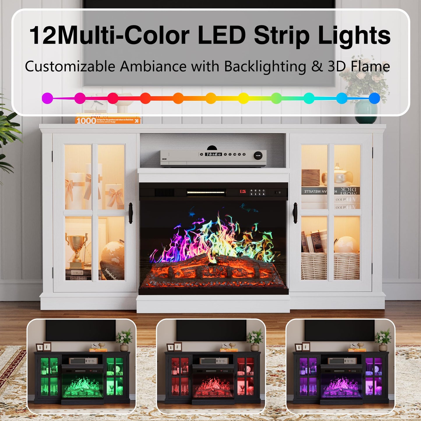 YESHOMY Glass Fireplace TV Stand for Televisions up to 65", Media Entertainment Center Console Table with Led Lights, White Wash