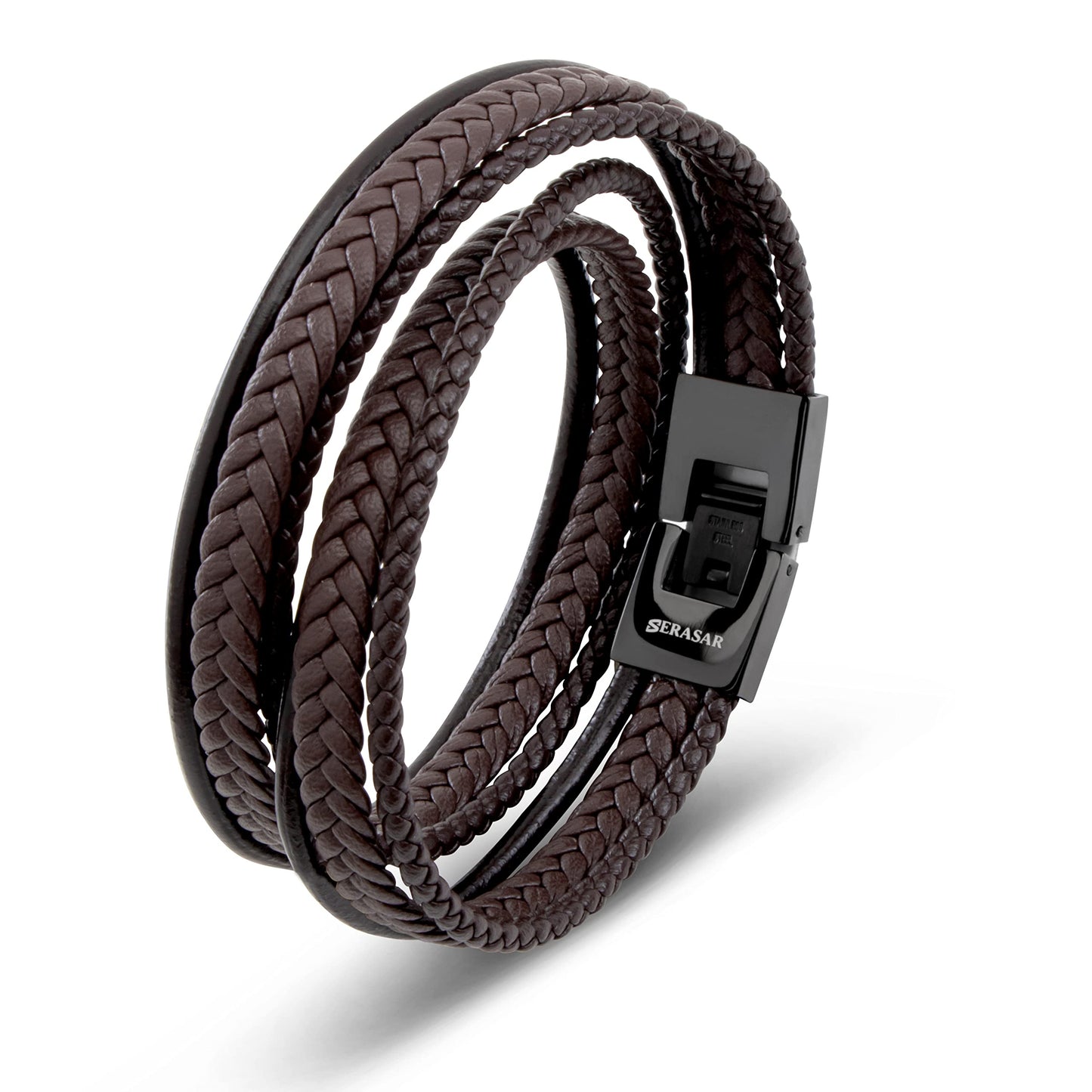 SERASAR Pulseras para Hombres 46cm Brown Leather Bracelets for Men Cowhide Gift Box Braided Bracelet Stainless Steel Jewelry Wrap Chain Idea