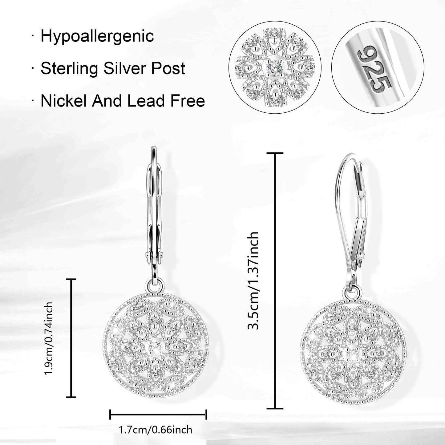 LANCHARMED Sterling Silver Earrings - Circle Drop Dangle Earrings for Women Cubic Zirconia Diamond Drop Earring Hypoallergenic Leverback Circle Filigree Diamond Earings Silver Jewelry for Women Gifts