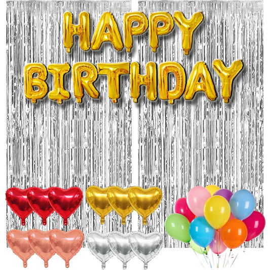 77Pcs Silver Happy Birthday Party Decorations Kit, Happy Birthday Banner, Silver Streamers Foil Tinsel Backdrop, 4 Colors Heart Balloons with 50Pcs Colorful Balloons Party Decor for Women Men Boy Teen