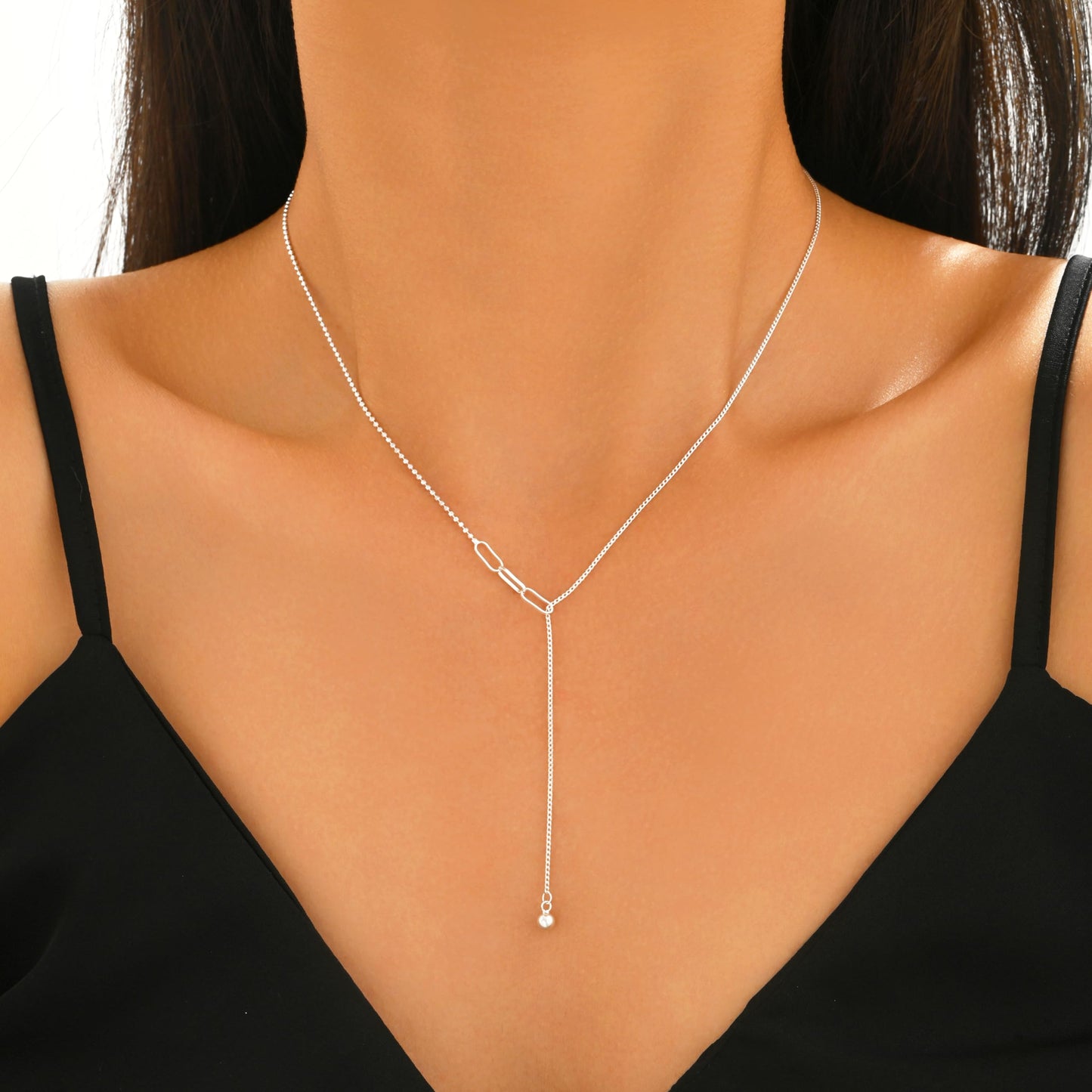Lariat Necklace for Women,925 Sterling Silver Dainty Y Shaped Bead Necklaces Adjustable Beaded Drop Necklaces Irregular Choker Necklace for Mother Daughter Birthday Mother's Day Jewelry Gifts (Silver)