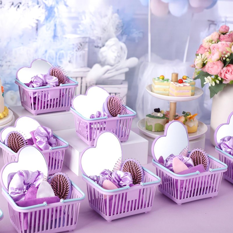 SiliFine 32 Pcs Spa Party Supplies Sleepover Party Favors with 8 Lovely Basket 8 Heart Shaped Mirror 8 Headbands 8 Satin Hair Scrunchies 8 Hair Brush for Spa Birthday Party Gift(Purple)
