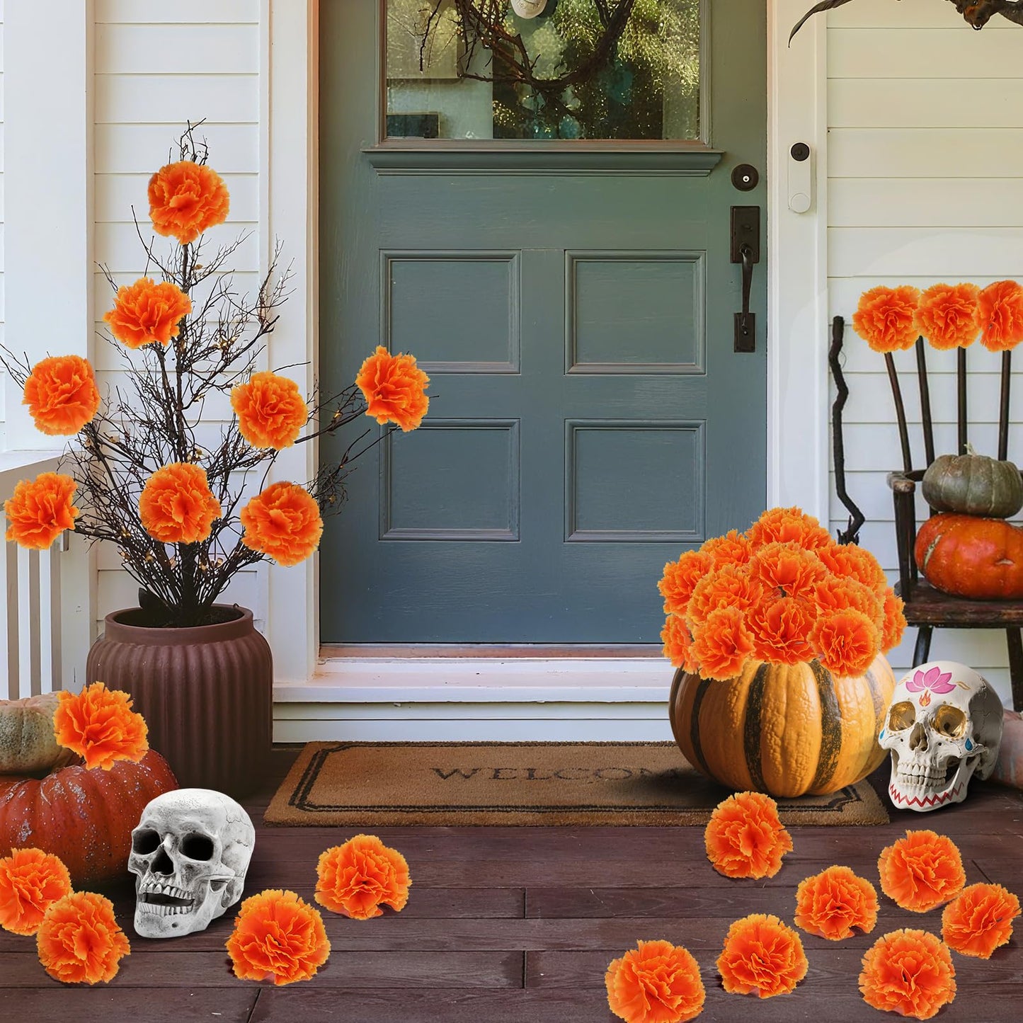 100PCS Marigold Flower Heads with Stems – Artificial Cempasuchil Flowers for Día de Los Muertos Altar, Day of The Dead Decorations, Halloween, Mexican Party, DIY Garland & Wreath Décor（Orange）