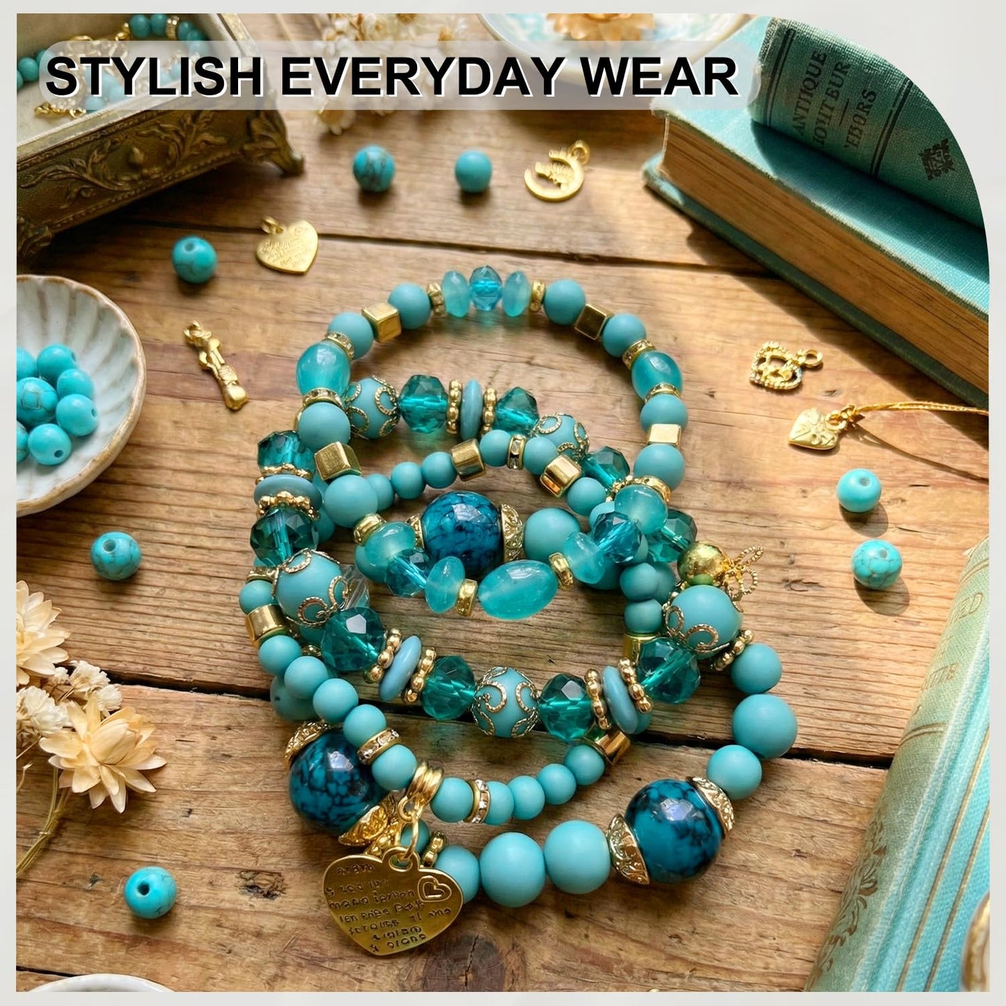 Ysenchan Bohemian Bracelet Set for Women, 4 Pcs Beaded Stackable Bracelets with Heart Charm, Stretch Bracelets, Boho Jewelry Gift – [LakeBlue]