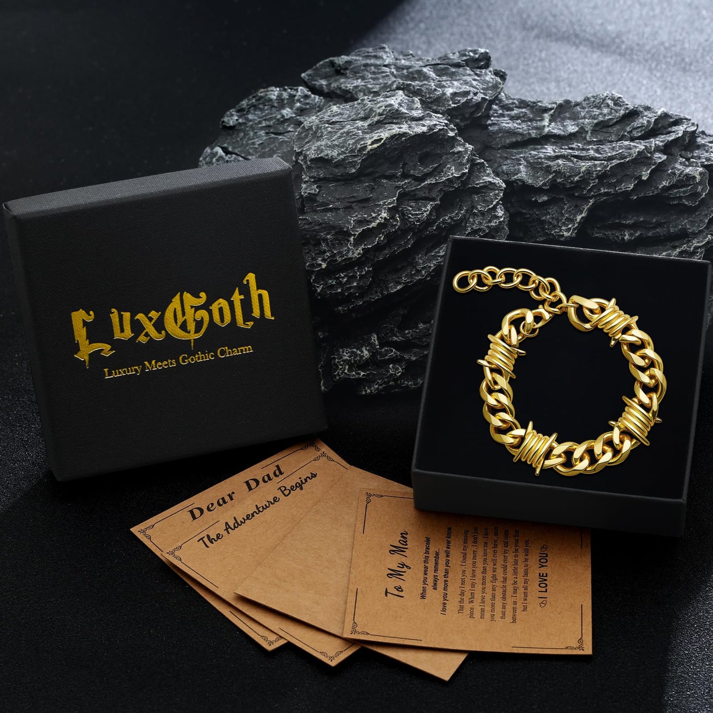 LuxGoth Stainless Steel Barbed Wire Thorns Chunky Adjustable Cuban Link Chain Bracelet Gothic Punk Rock Biker Vintage Viking Brambles Link Curb Bracelet Jewelry for Men Women Gold GTS-B1B45062