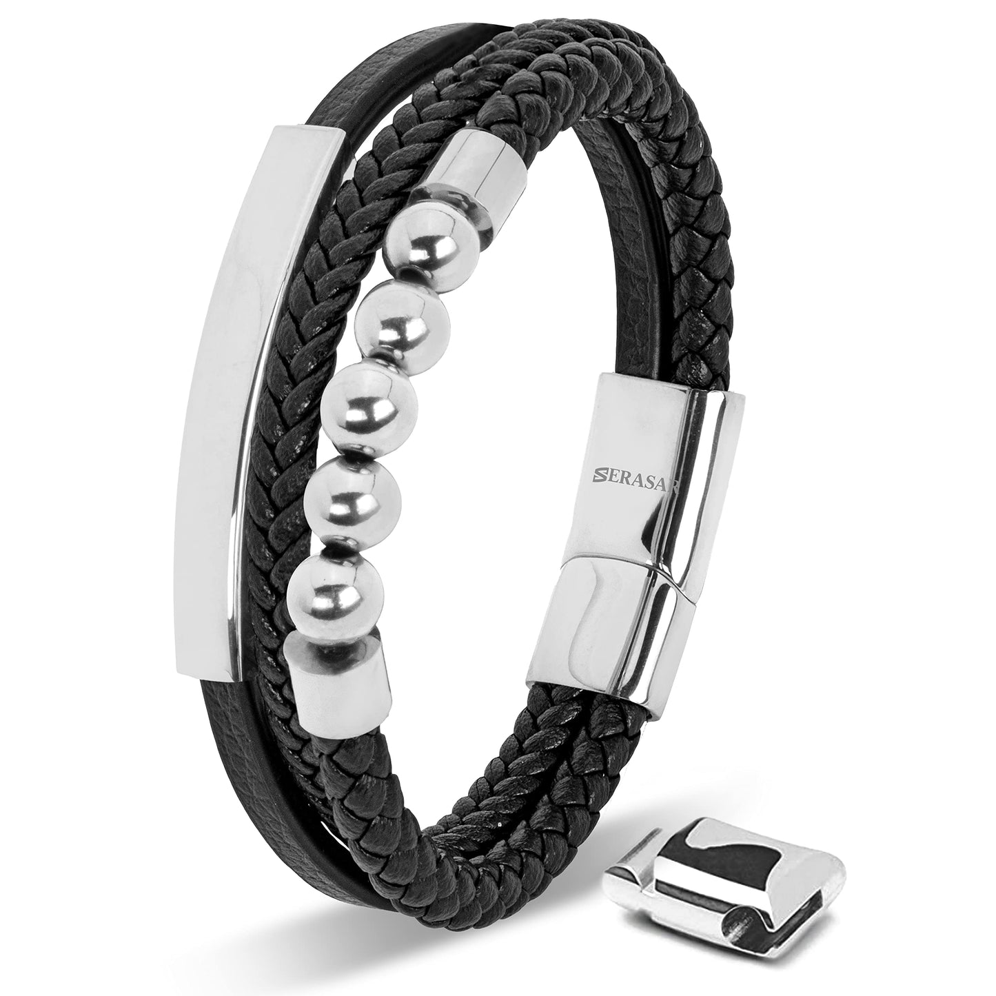 SERASAR Mens Leather Bracelet 17cm Silver Presents Men Gift Box Cowhide Braided Magnetic Clasp Multi Layer Wrap Rope Mans Male Bracelets Band Jewelry Magnet Accessories