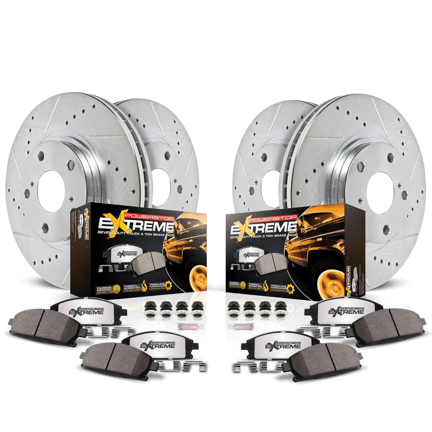 PowerStop Front & Rear Brake Kit For GMC Savana 1500 2003-08 | Yukon 2002-06|Chevrolet Avalanche 1500 2003-06 -Truck & Tow Carbon Fiber Ceramic Brake Pads + Drilled & Slotted Rotors Upgrade, K2016-36