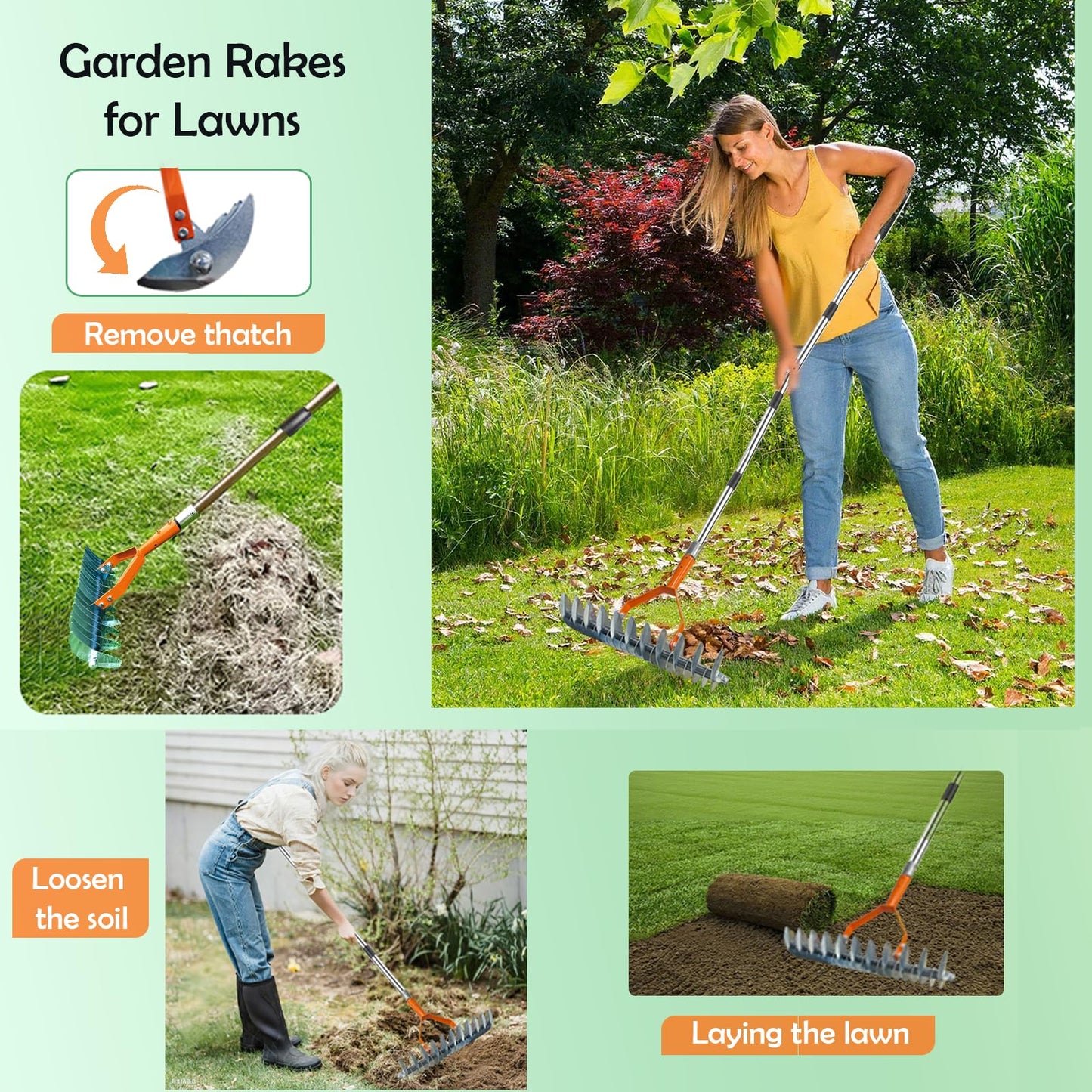 Garden Weed pullerToo,Heavy Duty 12" Multi Flat ShovelScraper, 14" Steel Thatch Rake with Adjustable Long Handle forLeaf & Moss& Edging & Ice & Snow Removal in Lawn, DrivewaysPatios, Cracks