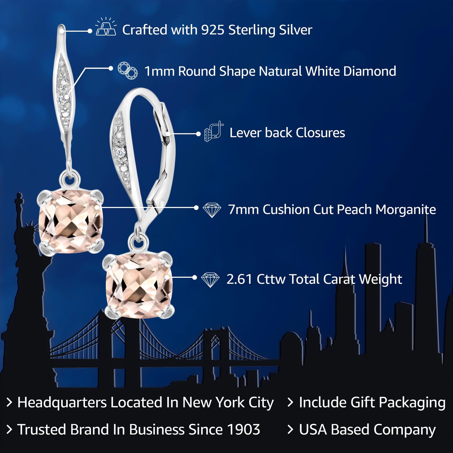 Gem Stone King Drop Dangle Earrings For Women | 7MM Cushion Cut Gemstone Birthstone and Diamond | 925 Sterling Silver | Jewelry Gift for Mom Wife Her | Morganite-October | Sterling Silver