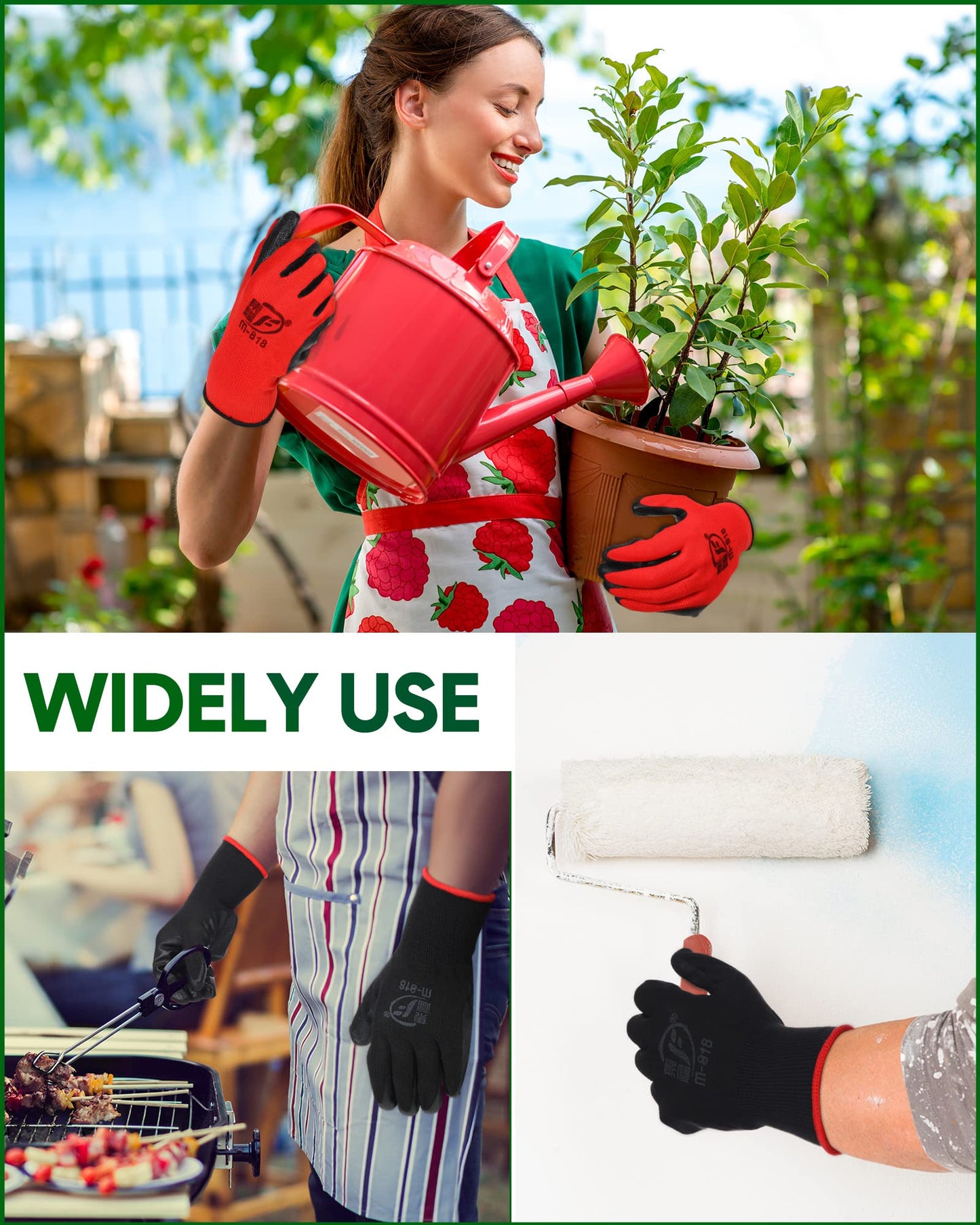 Nuogo 24 Pairs Gardening Gloves for Men Women Rubber Coated Landscaping Work Gloves Safety Work Construction(Black, Red)