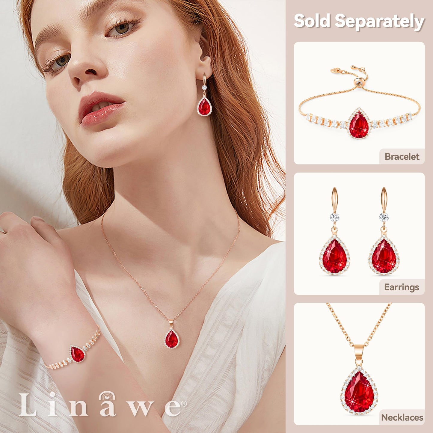 Linawe Red Crystal Ruby Pendant Chain Necklace for Women Rose Gold, Imitation Diamond Boho Necklace, Cubic Zirconia Birthstone Teardrop Rhinestone Preppy Wedding Jewelry