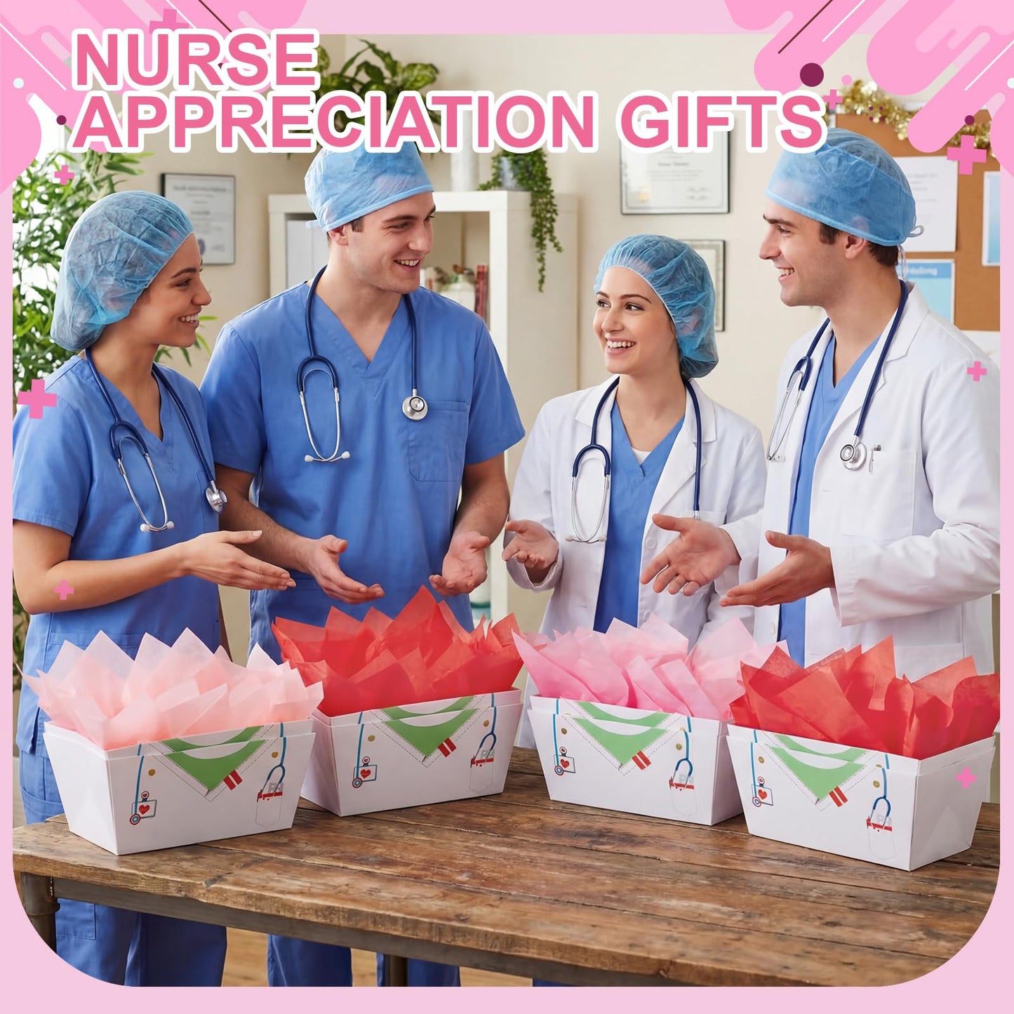 Supervitae 60 Pcs Nurse Graduation Gift Baskets Bulk with Handles, Empty DIY Paper Gift Basket Kit with Tissue Paper, Appreciation Gifts Baskets Treat Bag for Nursing, Nurse Week Party Supplies(White)