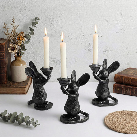 Acellegic Mouse Candle Holder Set of 3, Resin Rat Candlestick Statues Vintage Black Animal Taper Candle Stands for Gothic Decoration, Table Centerpiece for Home Dining Decoration