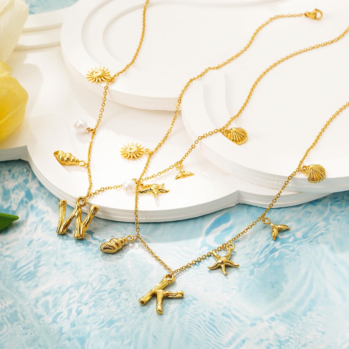 SLOONG Beach Accessories - 14K Gold Plated Letter Neckalce Freshwater Pearl Necklace Choker Boho Summer Seashell Beach Starfish Surfer Jewelry Gifts for Women