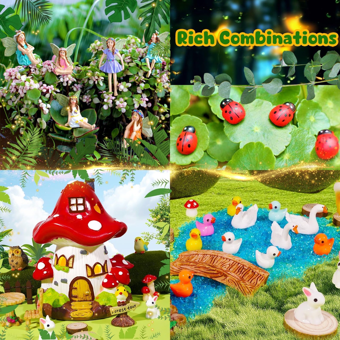 Pamonrueer 56 Pcs Fairy Garden Kit Miniature Mushroom House Set with Fairy Figurines Animals Furniture & Bridge DIY Fairy Garden Accessories for Outdoor Indoor Terrarium Decor