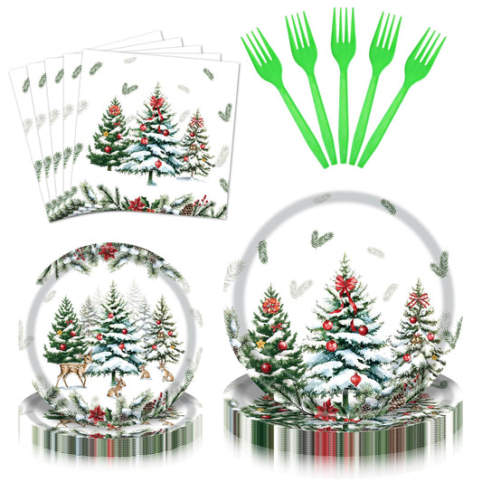 96 Pieces Christmas Tree Party Tableware Set – Holiday-Themed Disposable Plates, Napkins, and Green Forks for Christmas Dinners, Winter Parties, and Seasonal Celebrations – Serves 24 Guests