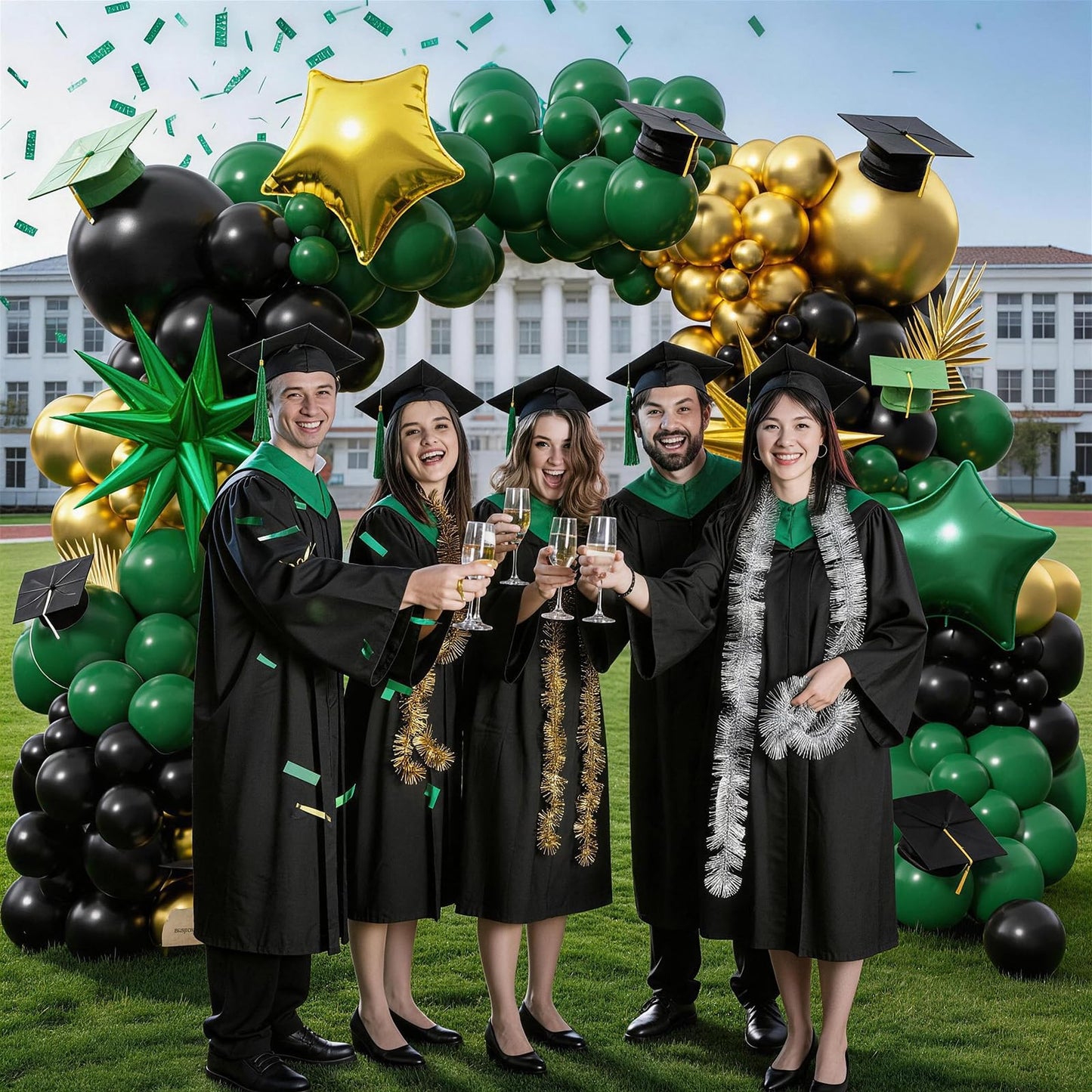 Graduation Balloon Arch Kit 2026 Green and Gold Black Balloon Garland Emerald Forest Dark Green Balloons with Star Foil for Congrats Grad Retirement Prom Birthday Football Party Decorations, 104Pcs