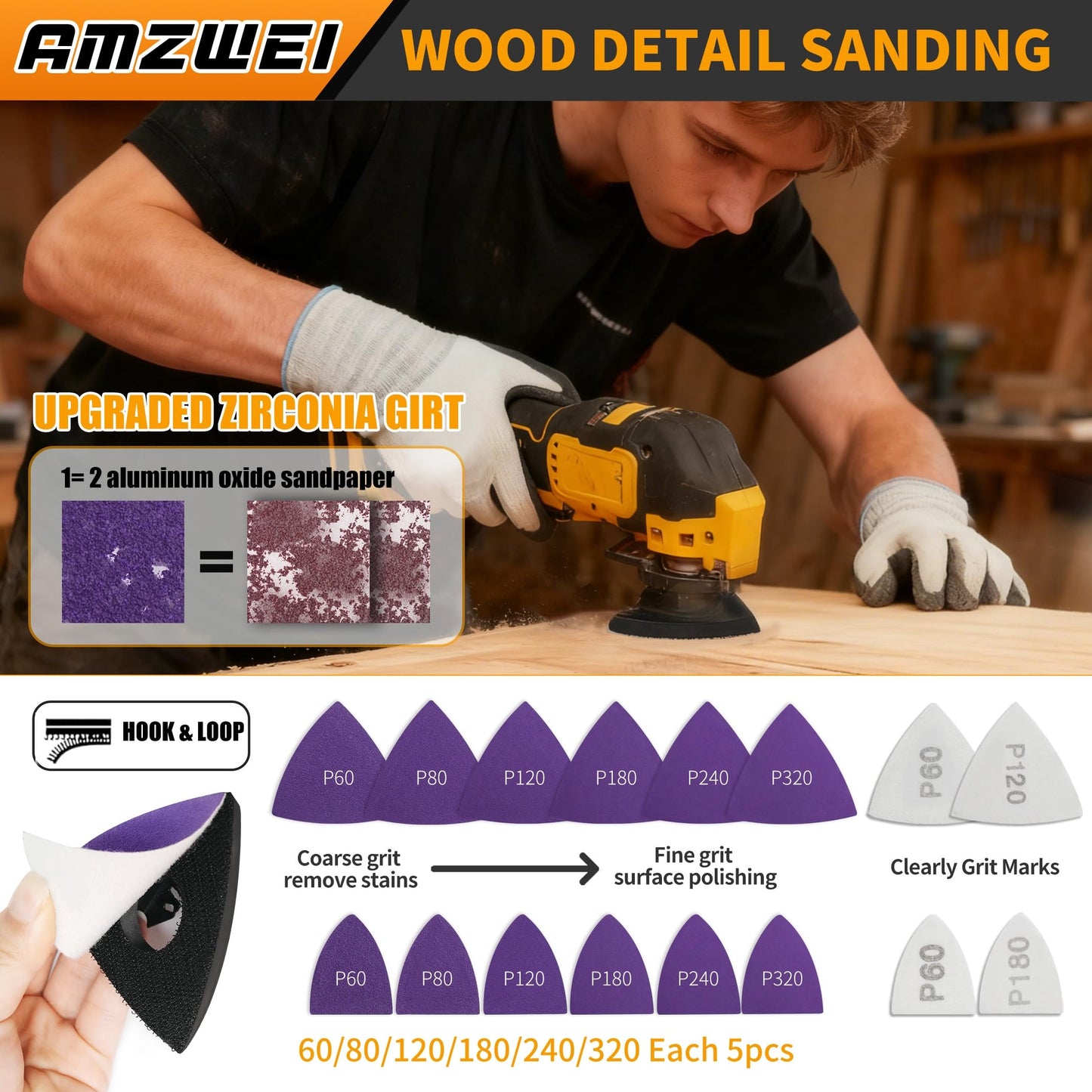 AMZWEI 190 Metal Wood Oscillating Tool Blade, Titanium Oscillating Saw Blades with Sandpaper, Quick Release Multi Tool Blades Kits Compatible with Dewalt Ryobi Milwaukee Rockwell Fein Makita
