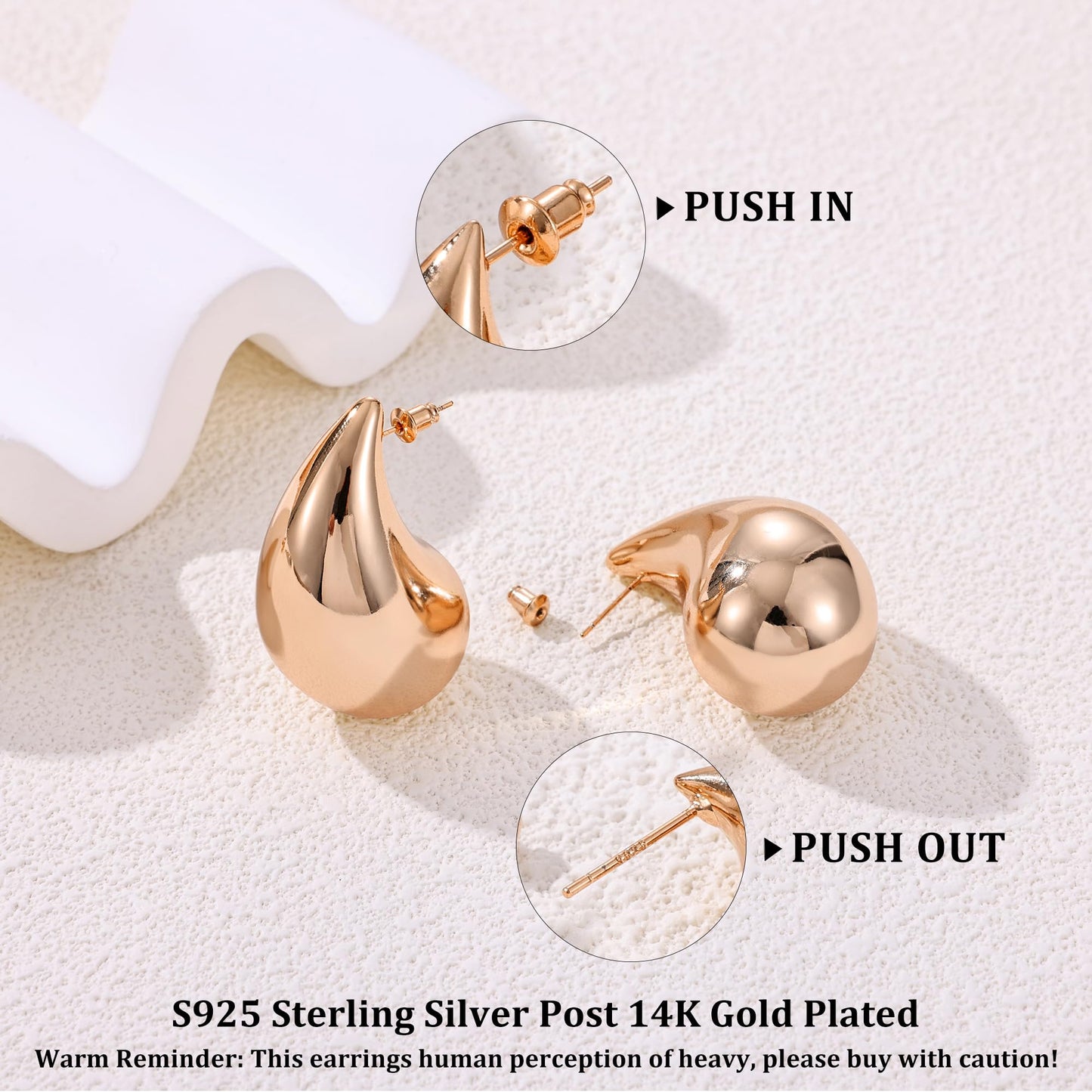 Gacimy 14K Rose Gold Plated Teardrop Earrings Dupes for Women, Chunky Drop Earrings for Women with 925 Sterling Silver Post, 1.7Inches Rosegold