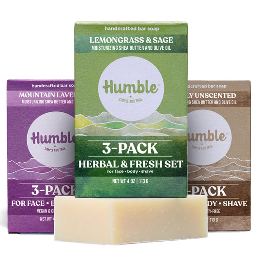 Humble Natural Bar Soap, Herbal & Fresh - Cold Processed Face & Body Soap Bar with Essential Oils - Moisturizing Formula for Long-Lasting Freshness, Gently Cleanses & Soothes Skin, Vegan - 3 Pack
