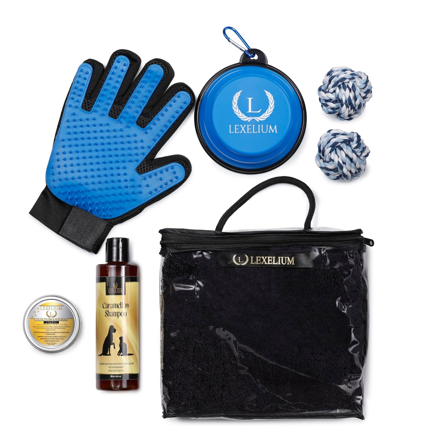 Travel & Grooming Gift Kit for Dogs/Cats - Comes with Vet-Approved Shampoo & Paw Balm, Towel, Grooming Glove, Silicone Bowl, and 2 Rope Toys