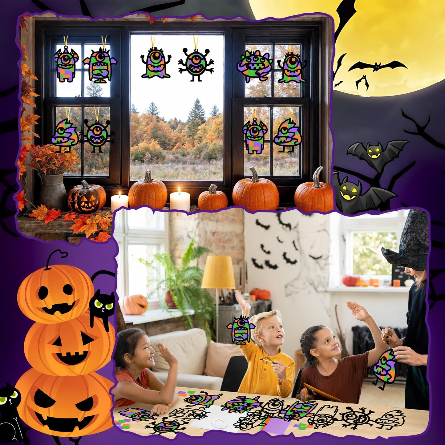 Qyeahkj 36 Set Halloween Monster Suncatchers Crafts for Kids DIY Monster Window Tissue Paper Craft Kit Hanging Decor for School Classroom Activity Art Project Holiday Home Birthday Party Favor Gift