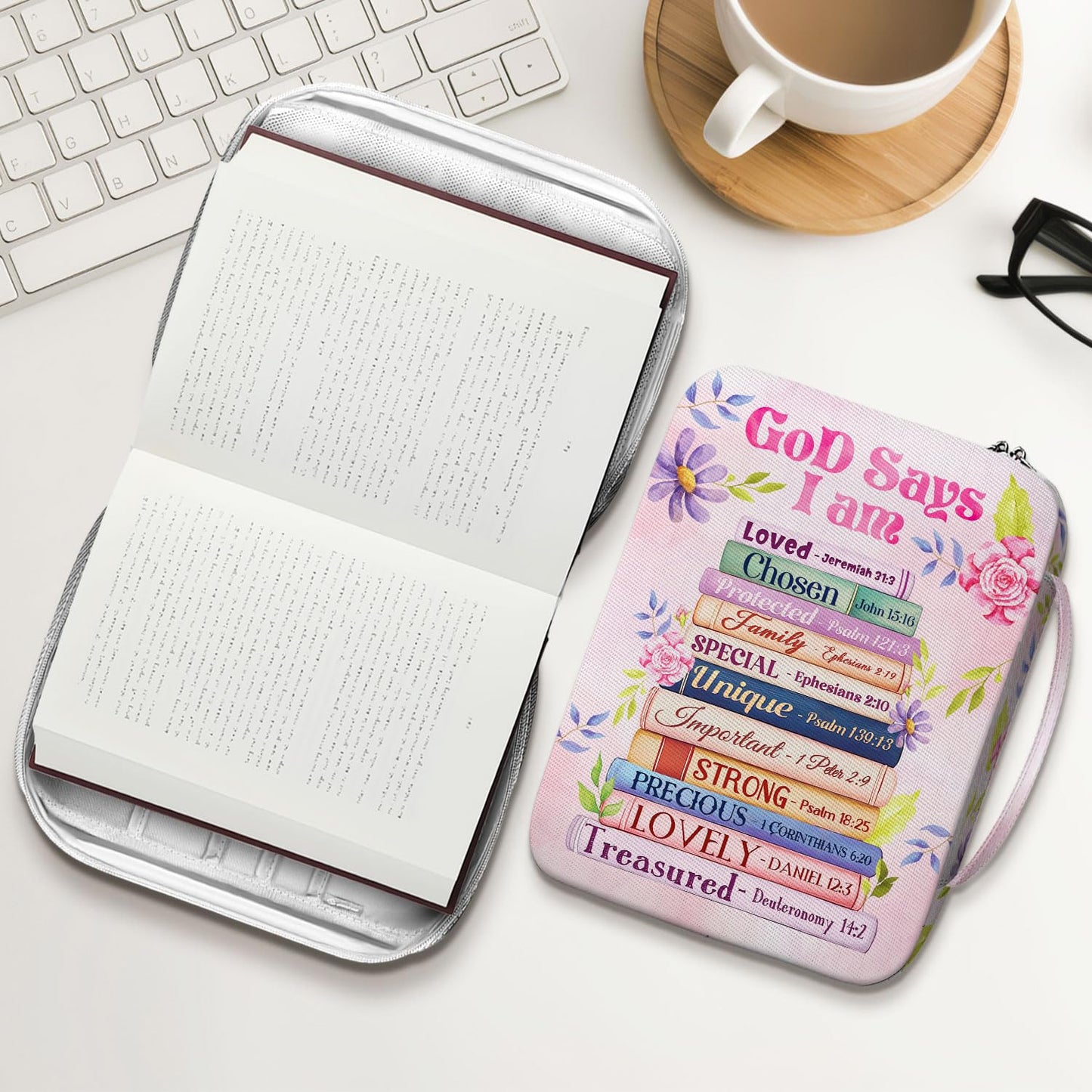 MYSMOR God Says I Am Bible Cover for Women, Floral Scripture Bible Case with Handle and Zipper Pocket, Christian Bible Bag for Girls and Ladies, Inspirational Gift for Church and Study Use