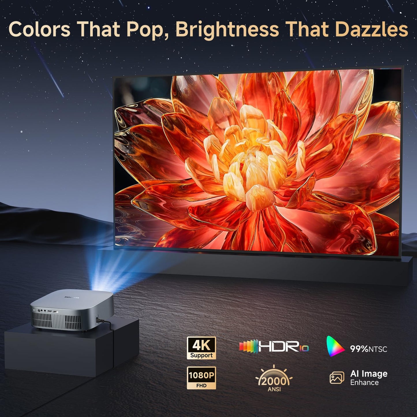 [Short Throw/Built in Apps] Projector 4K with WiFi and Bluetooth, 2000ANSI TOF Auto Focus Keystone Smart Projector for Dolby Audio Home Theater Movie, Kogata Outdoor Projector Portable Ceiling Gray