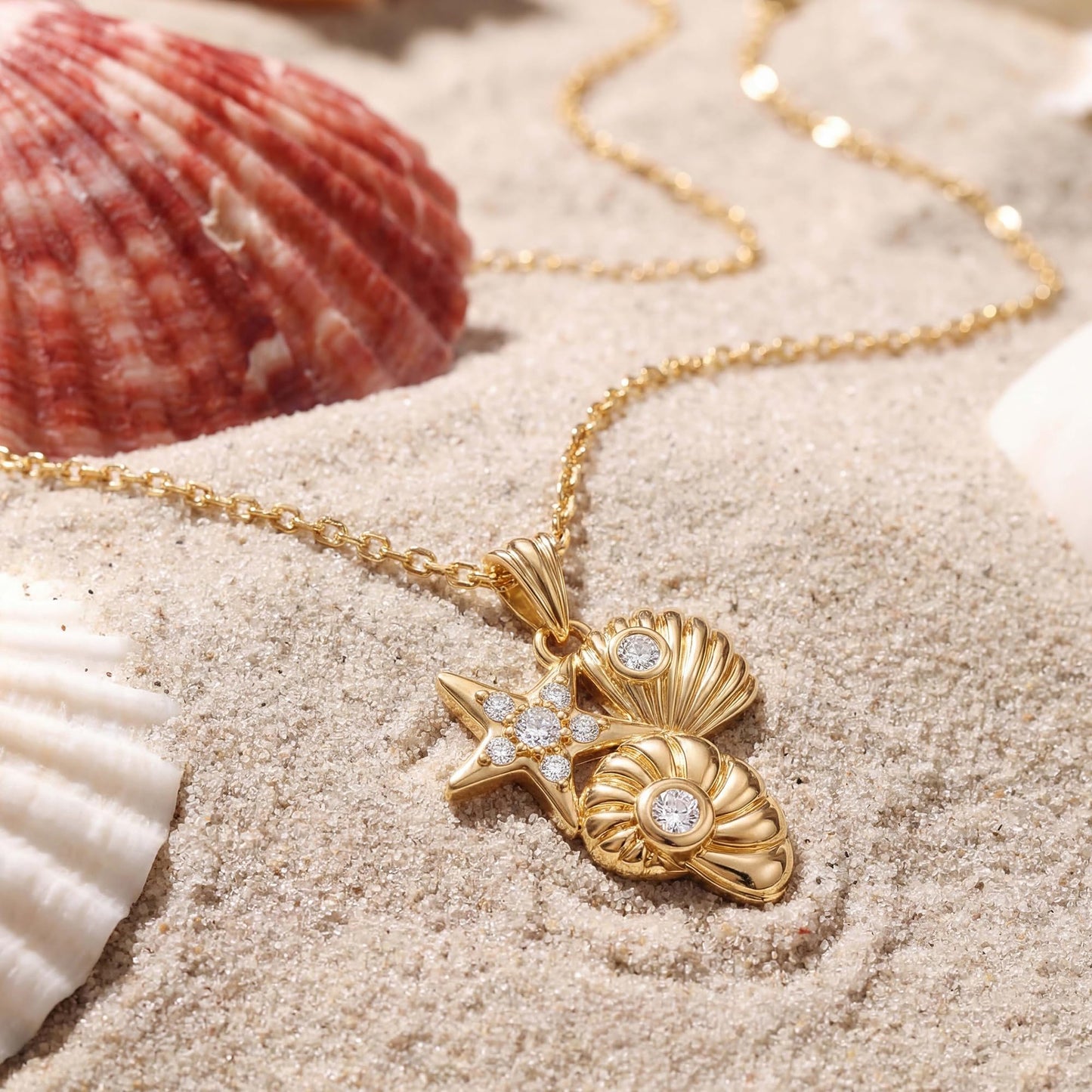MYEARS Women Gold Necklace Conch Clam Shell Starfish Trio Pendant Cubic Zirconia 14K Simple Dainty Chain Everyday Summer Beach Jewelry