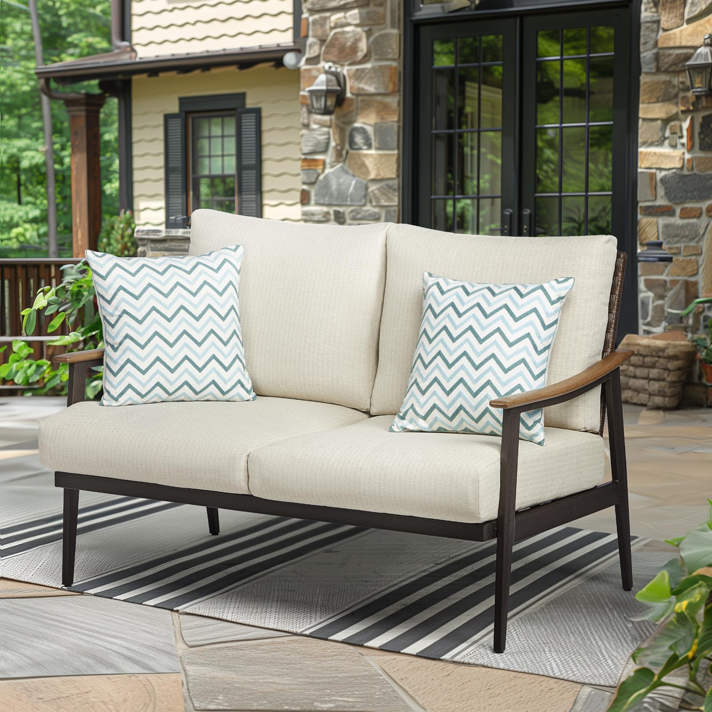 NATURAL EXPRESSIONS Patio Loveseat Sofa Outdoor Furniture Metal Chair with Wicker Backrest & 6 Inches Cushion for Indoor, Front Porch, Deck, Balcony, Backyard, 51.77"(L) x 29.75"(W) x 33.86"(H).
