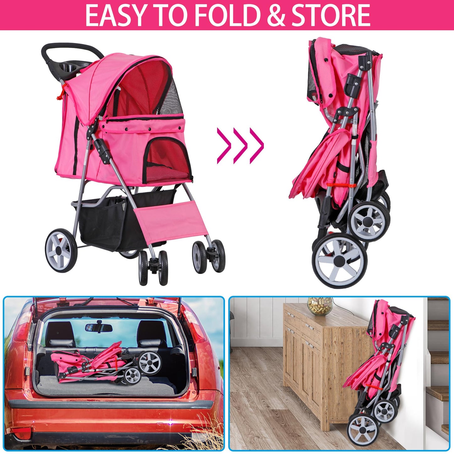 Pet Stroller 4 Wheels Dog Cat Stroller for Small Medium Dog Cats Carrier Jogger Travel Foldable Puppy with Storage Basket and Cup Holder (Pink)