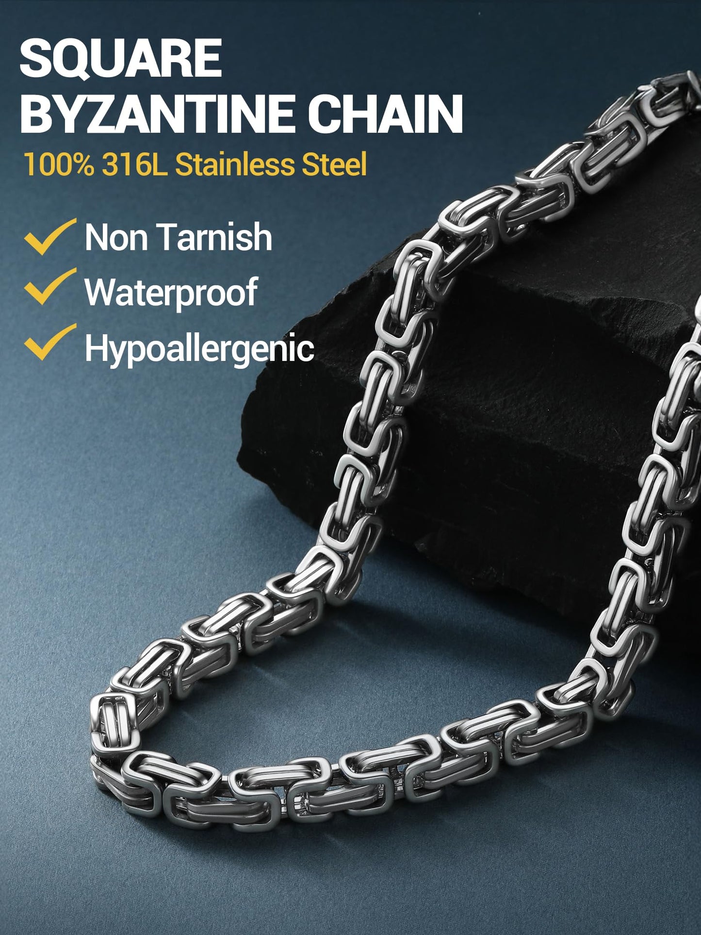 PROSTEEL 8mm Byzantine Chain Necklace For Men 24 Inch Stainless Steel Cool Chains