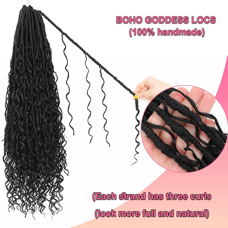 Boho Faux Locs Crochet Hair 18 Inch Goddess Locs 8 Packs Boho Soft Locs Crochet Hair with Curly Ends Pre-looped Long Bohemian River Locs for Black Women (1B, 18 Inch(Pack of 8))