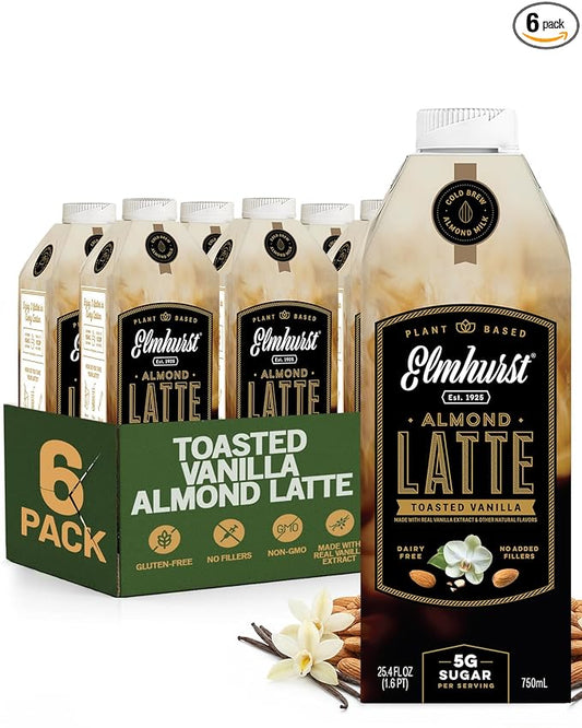 Elmhurst 1925 Toasted Almond Vanilla Latte â Plant-Based, Vegan, Dairy-Free Plant Milk Latte Made of Cold Brew Premium Arabica with 95mg Caffeine & Madagascar Vanilla â 25.4oz (Pack of 6)