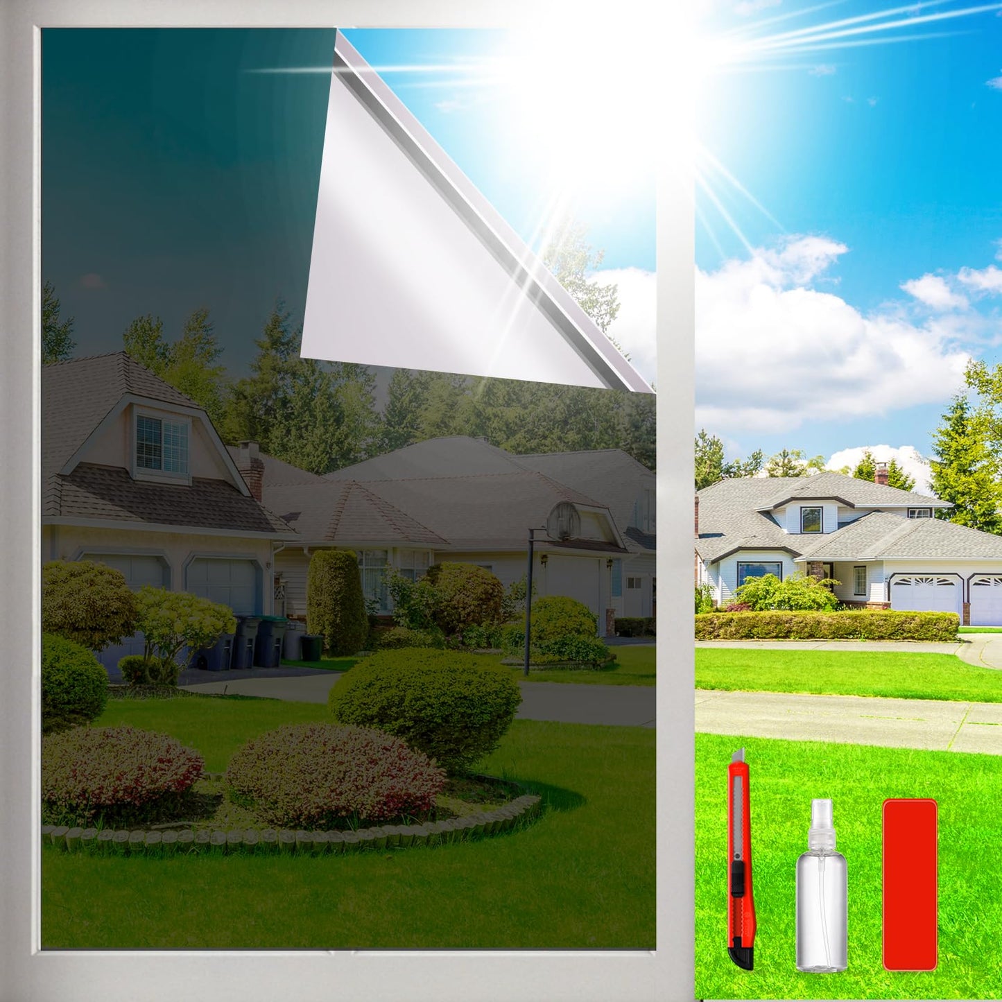 One Way Privacy Window Film Sun Blocking, Heat Blocking Window Tint for Home See Out But Not in, Static Cling & Anti UV, Black-Silver,35.4 Inch x 393.7 Inch