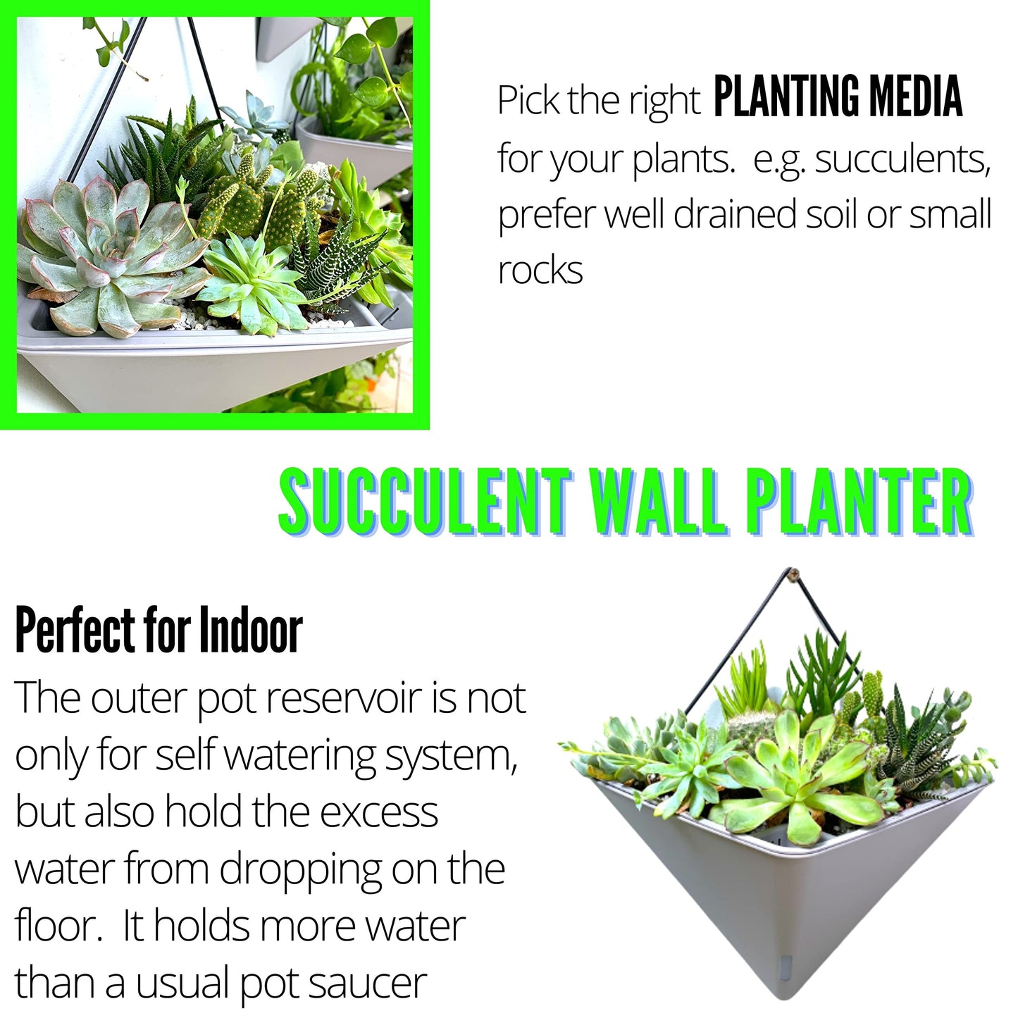 LaLaGreen Bundle - 12" x 6 Pack Gray Large Self Watering Wall Hanging Planters for Indoor Plants Gray Wall Mount Triangle Geometric Flower Vase Pot Black Metal Hanger Living Wall Decor