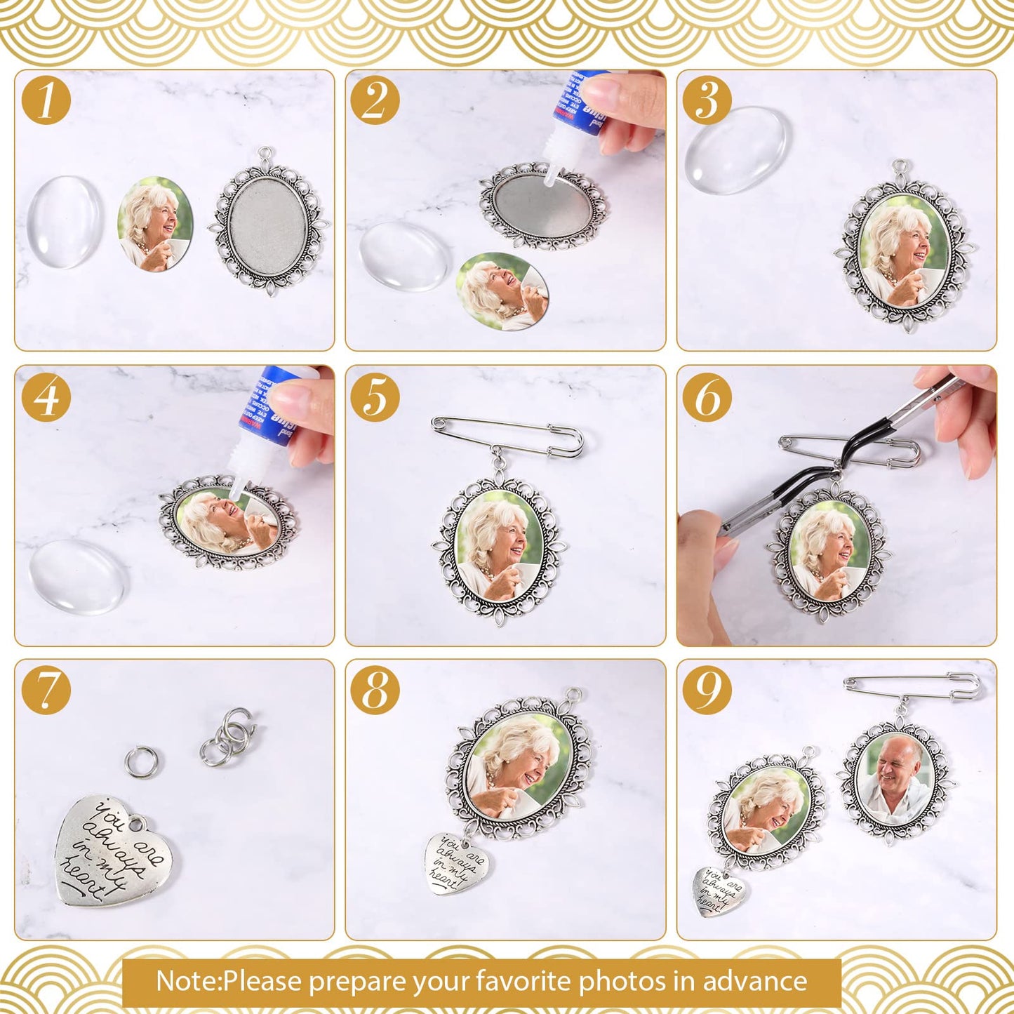 Hicarer 110 Pcs Wedding Bouquet Photo Charms Memory Bridal Charms Frame Picture DIY Pin Brooch Making Kit, 1.18 x 1.57'' Oval Glass Cabochon Pendants Bulk Memorial Mother Father of The Bride